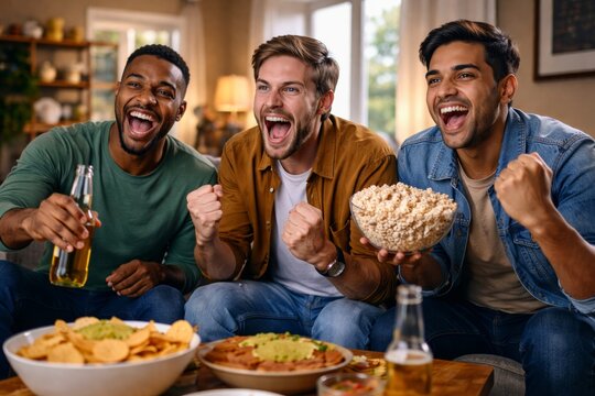 Group of friends watching football match together at home with snacks