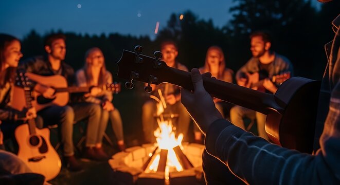 A group of friends gathers around a warm campfire at night, playing guitars and enjoying the outdoors.