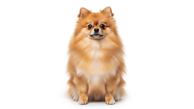A fluffy orange-brown pomeranian dog sits patiently, looking directly at the camera in a clean studio shot against a bright white background.