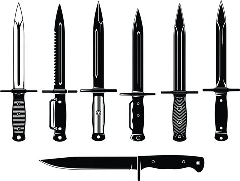 Combat knife and bayonet silhouette set isolated on white background military vector illustration