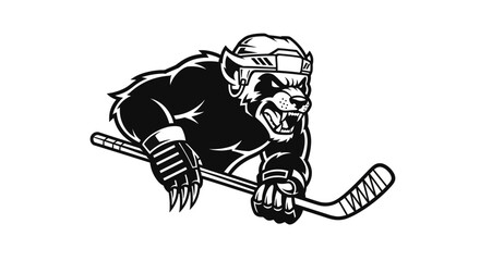Aggressive Hockey Bear Mascot Holding Stick - Black and White Sports Graphic