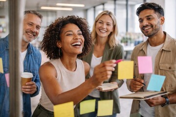 Creative business team brainstorming with colorful sticky notes together