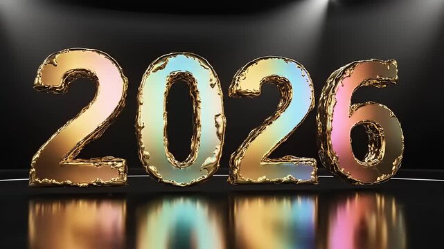 Golden 2026 numbers shining brightly on a reflective black surface under spotlight