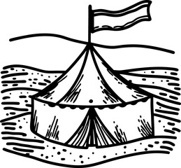 Fototapeta premium Medieval round tent with flag on top, camping shelter in open landscape, vintage hand drawn illustration