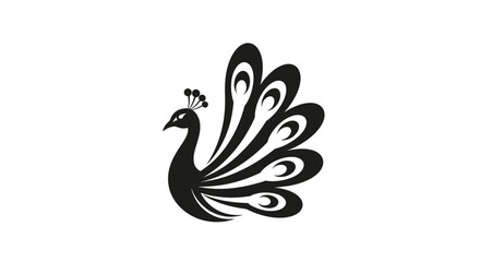Elegant Black Peacock Silhouette Logo Design with Fanned Tail on White Background