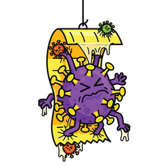 Naklejka premium A sad, purple virus character stuck and melting on toilet paper, humorously representing pandemic-related shortages and panic.