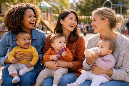 Group of mothers holding babies and laughing together