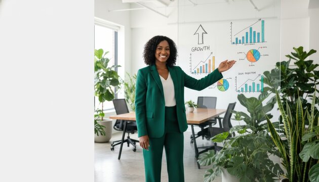 Business Presentation: A confident woman in a vibrant green suit stands in a modern office, presenting data with a friendly smile, surrounded by thriving plants.