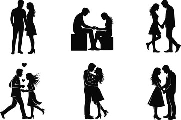 Obraz premium Romantic couple silhouette set showing love, dating, proposal, and intimate moments between man and woman isolated on white background