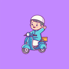 Muslim Boy Riding Scooter With Delivery Box