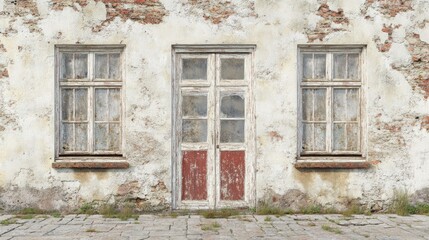 Fototapeta premium Aged, weathered brick facade with peeling paint, two windows, and a double door