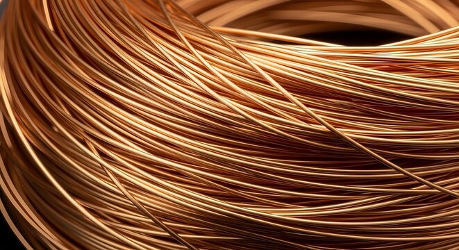 Close-up of a tightly wound coil of thin copper wire, metallic texture and warm tones