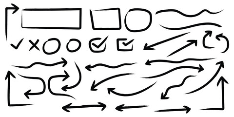 Versatile hand drawn check marks cross signs and wavy arrow elements for correction