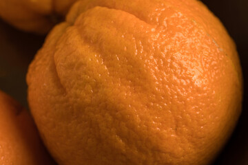 Macro close-up of Dekopon (Shiranui) orange peel showing detailed natural citrus texture and vibrant surface. Ideal for food backgrounds, citrus concepts, and fresh fruit visuals.