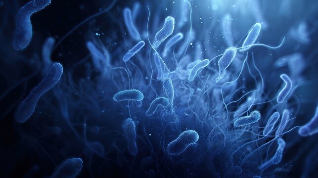 Surreal underwater scene with eerie blue-lit bacteria shapes, representing hidden dangers.