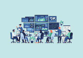 Vector Ilustration Flat Design Business analytics team collaborating in modern office environment.