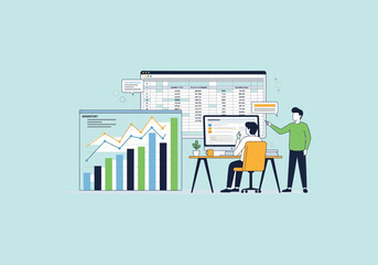 Vector Ilustration Flat Design Business analytics team analyzing financial data on computer screens.