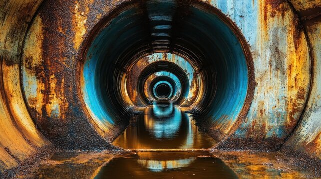Rusty metal tunnels, circular sections, reflecting water, deep perspective