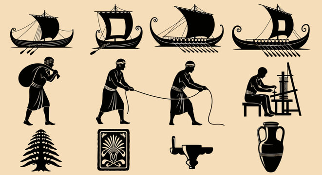 Ancient Phoenician civilization black silhouette icon collection. Includes four ships, four people working, a cedar tree, a decorative element, a tool, and an amphora. Created in a flat