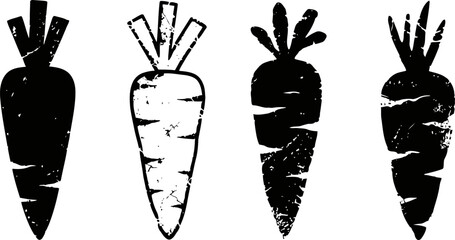 black and white grunge carrot silhouettes set four rough textured vegetable icons design
