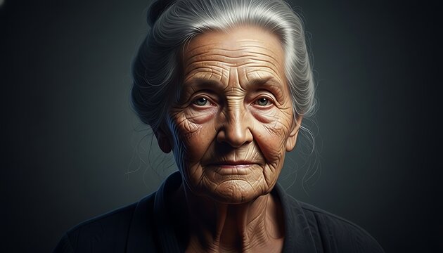 Close-up portrait of an elderly woman with striking wrinkles and grey hair pulled back