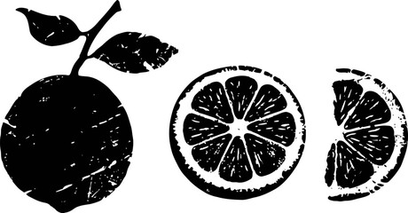 Fototapeta premium Black lemon fruit silhouette with leaves and sliced segments in vintage distressed