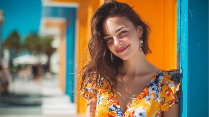 Naklejka premium woman model, bright outdoor background, cheerful, sundress
