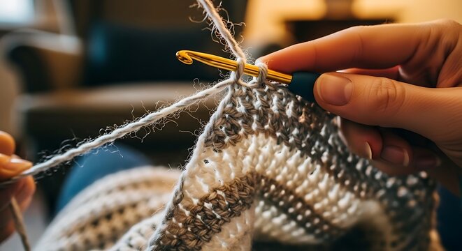 A person's hands are skillfully crocheting with grey and white yarn and a golden hook, creating a textured pattern.