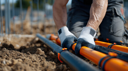 Close-up macro-style composition of gloved hands securing a coupling between two orange PVC sewer pipes, textured dirt and gravel base beneath, steel reinforcement bars and concret