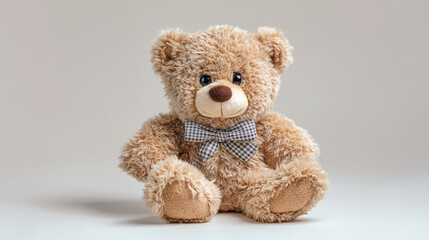 Obraz premium Soft teddy bear with a checkered bow, isolated on a light background