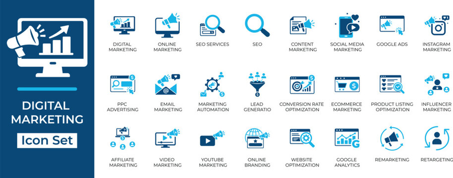 Modern digital marketing vector icon set. Includes SEO, social media, analytics, and business icons in flat blue style.