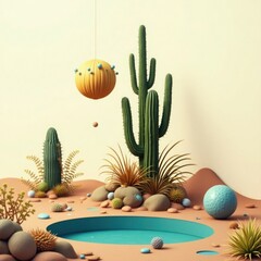 Desert oasis with cacti and spherical decorations succulents