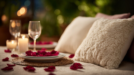 Fototapeta premium Close-up romantic picnic display featuring modern minimalist cushions on a clean neutral rug, rose petals gently scattered across the surface, fine dining tableware arranged with p