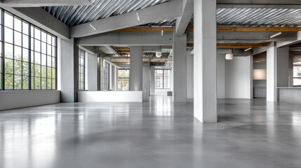 Naklejka premium Modern industrial interior space with polished concrete floor, large windows, exposed ceiling, natural light, and open layout for creative use