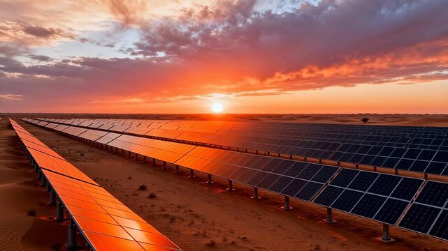 Solar panels in desert at sunset