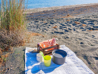 Beach picnic setup on sand near calm sea