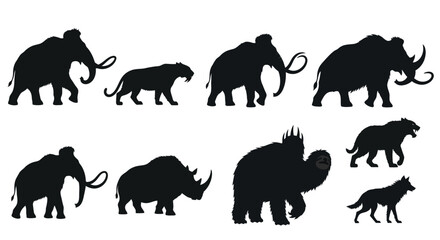 Obraz premium Prehistoric animal silhouette icon collection. Includes woolly mammoths, saber-toothed tigers, woolly rhinoceroses, giant sloths, and dire wolves. Created in solid black flat style with a