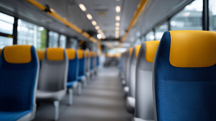 Fototapeta premium Detailed front-facing view down the center aisle of an empty school bus, seats perfectly aligned on both sides, subtle natural light casting even illumination, calm neutral tones,