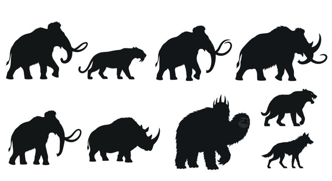 Prehistoric animal silhouette icon collection. Includes woolly mammoths, saber-toothed tigers, woolly rhinoceroses, giant sloths, and dire wolves. Created in solid black flat style with a