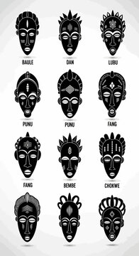 Twelve black and white African tribal mask vector illustrations with intricate patterns and distinct cultural styles, isolated on a light gray background