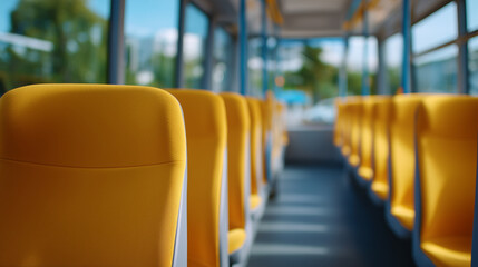 Wide cinematic interior scene capturing symmetrical rows of empty school bus seats, bright yet soft daylight illuminating yellow tones evenly, subtle reflections on window glass, c