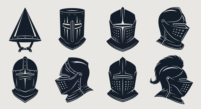 Medieval knight helmet vector collection. Includes great helm, sallet, armet, bascinet, and close helmet types. Created in a detailed monochrome style with a dark grey palette.