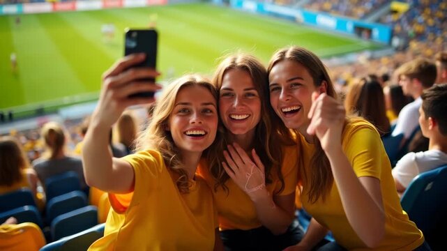 Swedish fans lifestyle concept showing friends taking a selfie in stadium seats with the green field visible behind them modern fan culture social connection 