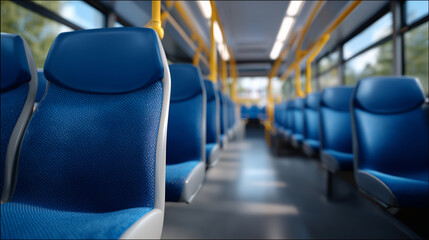 Fototapeta premium Cinematic interior photography of empty school bus with perfectly aligned seats, central aisle leading toward rear door, diffused natural light providing soft illumination across s