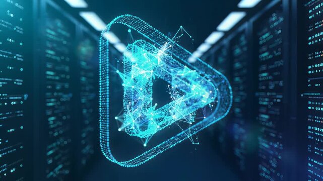 Digital play button icon in server room for streaming technology and cloud storage