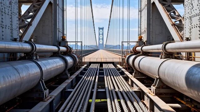 Bridge structure with cables and pipes