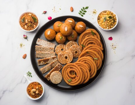 Traditional Indian festival sweets and snacks platter for Diwali