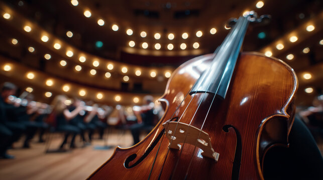 Close-up from violin body toward fingerboard, additional instruments like bassoon and viola arranged centrally in soft focus, camera extremely close creating exaggerated perspectiv
