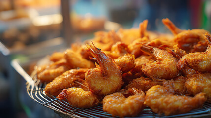Pile of delicious golden fried shrimp, a tempting seafood snack