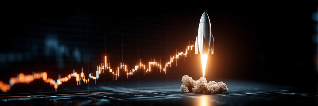 Rocket launching from rapidly rising financial chart. Rocket launching from an upward-trending candlestick chart symbolizing rapid financial growth